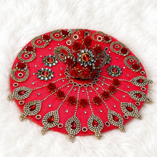 Laddu Gopal & Radha Rani Rose Kundan Net Poshak with Mukut | Size 0–7 | Green, Blue, Red, Pink, Yellow, Black