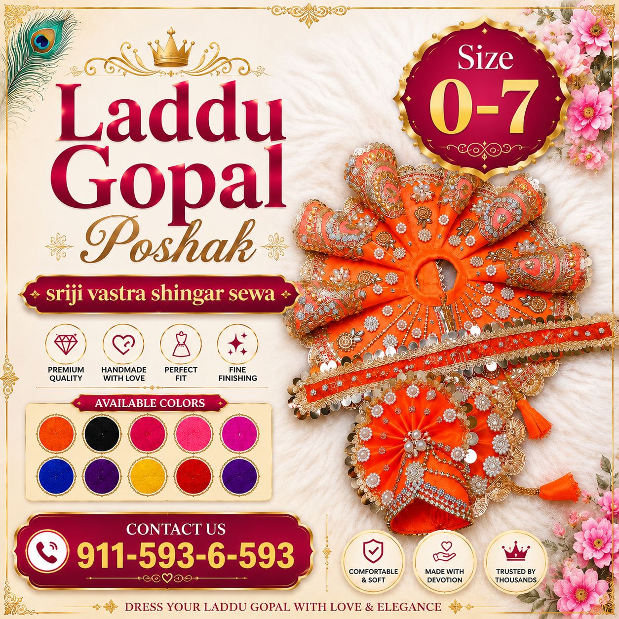 Laddu Gopal Poshak – Premium Handmade Deity Dress | Festival & Daily Wear | Size 0-7