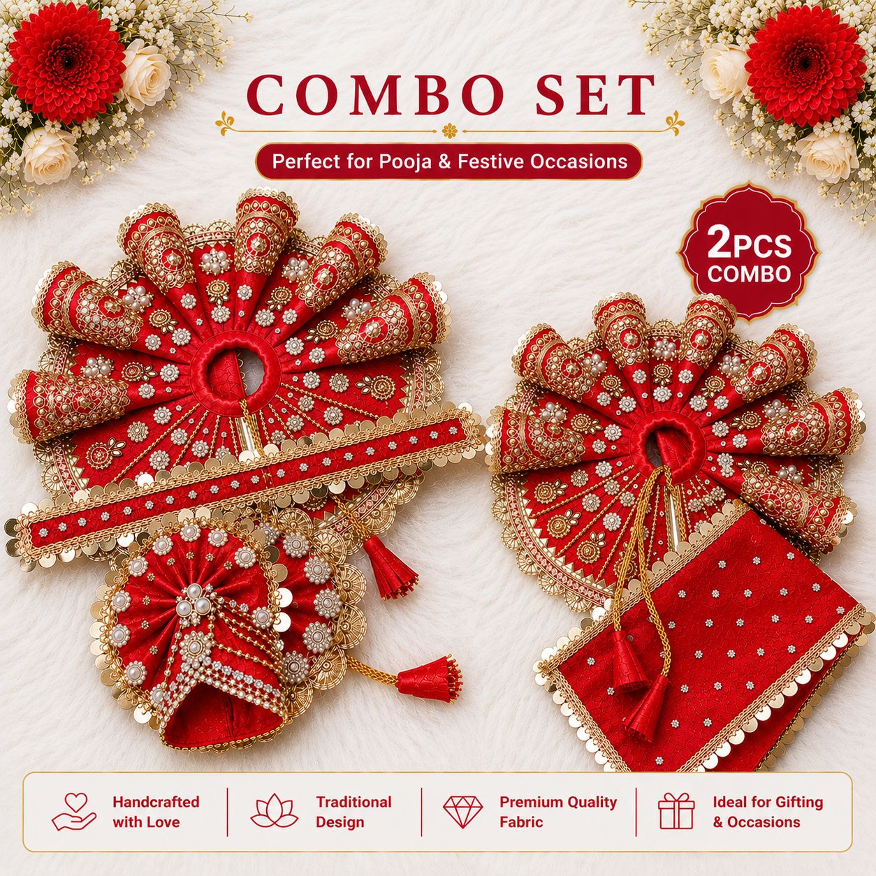 Radha Rani & Laddu Gopal Poshak Combo Set | Handmade | 9 Colors | Size 0-7 | Festival & Daily Wear