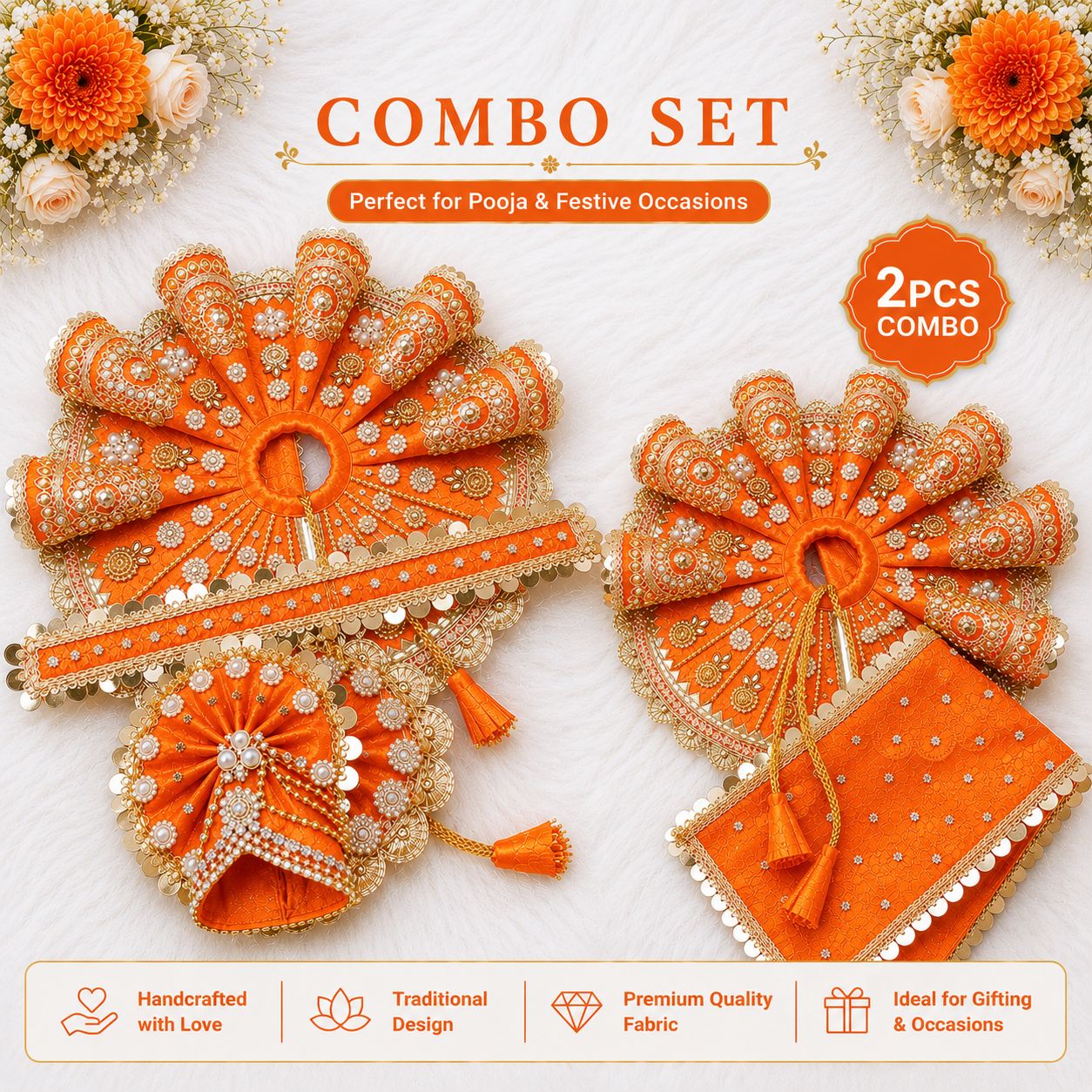 Radha Rani & Laddu Gopal Poshak Combo Set | Handmade | 9 Colors | Size 0-7 | Festival & Daily Wear