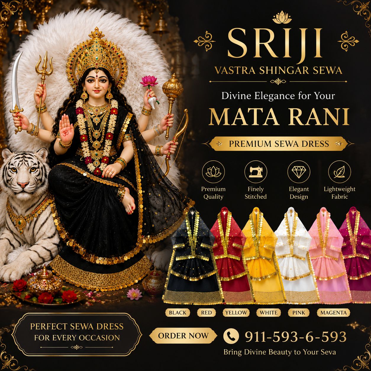 Mata Rani Net Poshak | Black, Red, Yellow, White, Pink & Magenta | 10 to 60 Inch Murti Size