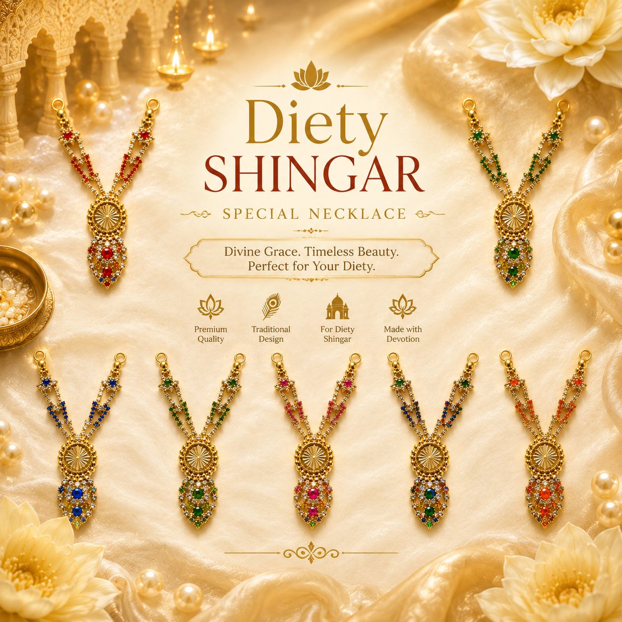 Deity Shingar Special Necklace - Long Design | 2.5 Inch Length | Suitable for Size 1-7 Laddu Gopal, Radha Rani & Other Deities | Festival & Daily Wear
