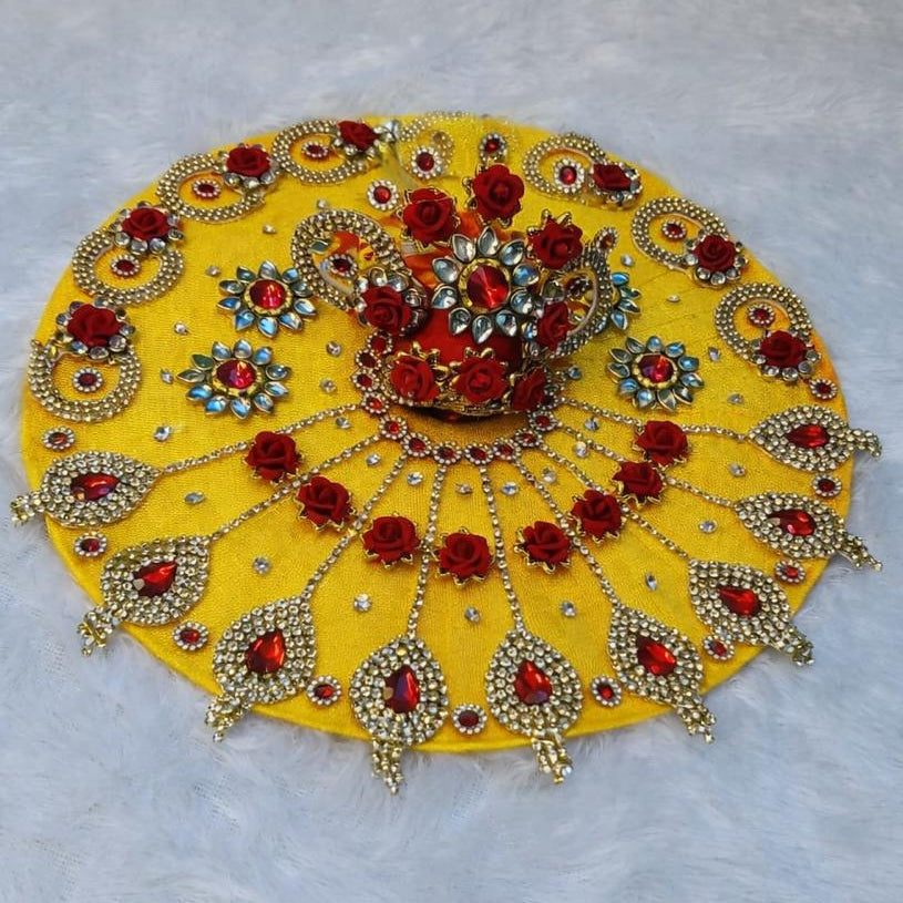 Laddu Gopal & Radha Rani Rose Kundan Net Poshak with Mukut | Size 0–7 | Green, Blue, Red, Pink, Yellow, Black