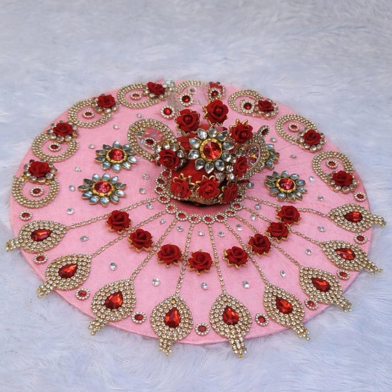 Laddu Gopal & Radha Rani Rose Kundan Net Poshak with Mukut | Size 0–7 | Green, Blue, Red, Pink, Yellow, Black