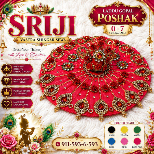 Laddu Gopal & Radha Rani Rose Kundan Net Poshak with Mukut | Size 0–7 | Green, Blue, Red, Pink, Yellow, Black