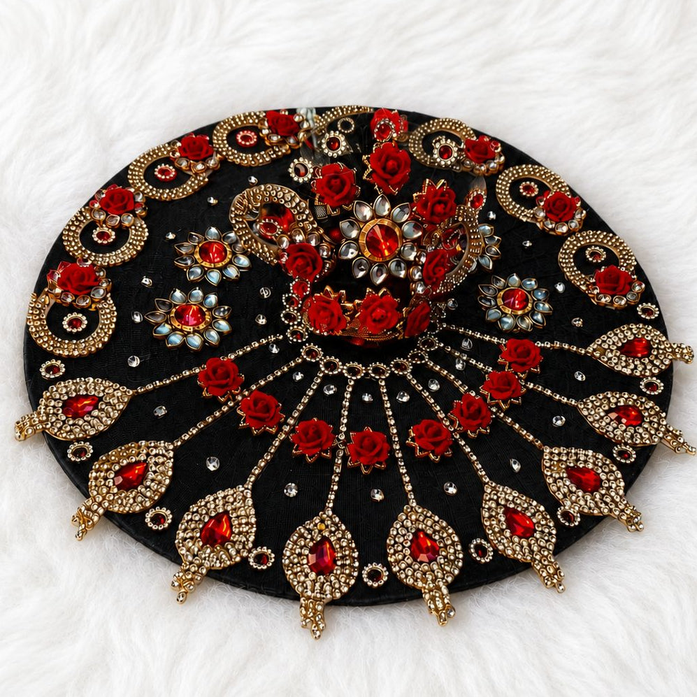 Laddu Gopal & Radha Rani Rose Kundan Net Poshak with Mukut | Size 0–7 | Green, Blue, Red, Pink, Yellow, Black