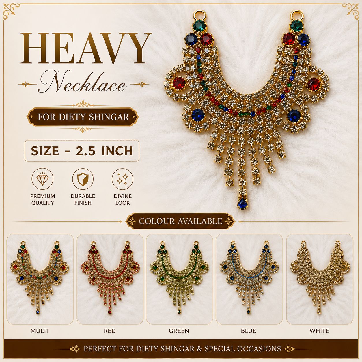 Heavy Necklace for Deity Shingar - 2.5 Inch Length | Suitable for Size 2-7 Laddu Gopal, Radha Rani & Other Deities | Festival & Daily Wear