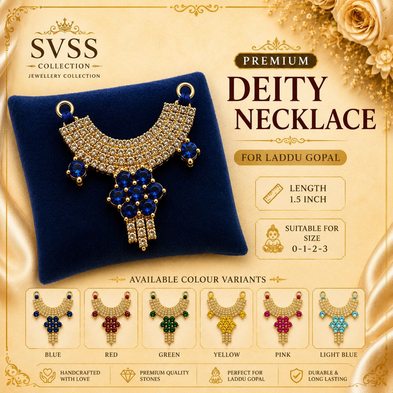 Premium Deity Necklace for Laddu Gopal Shingar - 1.5 Inch Length | Suitable for Size 0-1-2-3 | Radha Rani & Other Deities | Festival & Daily Wear