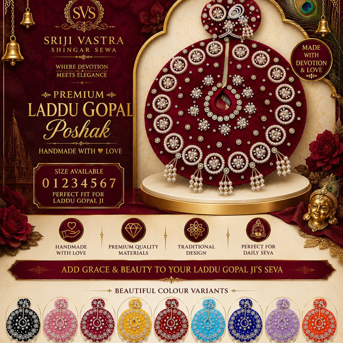 Laddu Gopal Net Poshak with Pagri | Pearl Moti Work | Sizes 0–7 | Multi Color