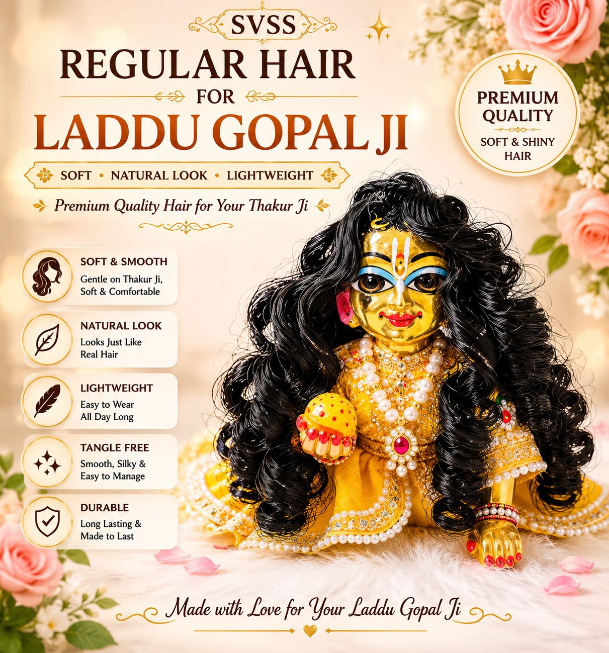Premium Hair Wig for Laddu Gopal Ji – Curly & Regular | Sizes 1, 2, 3