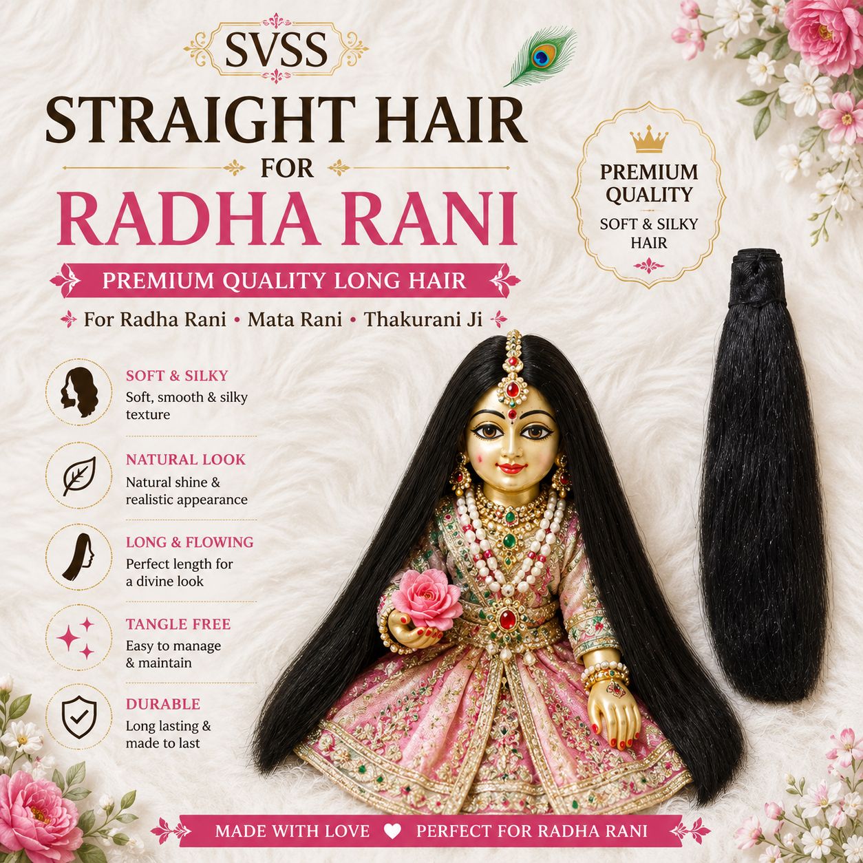 Premium Straight Hair for Radha Rani – Long & Silky | No. 1 to 4 | Mata Rani & Thakurani Ji